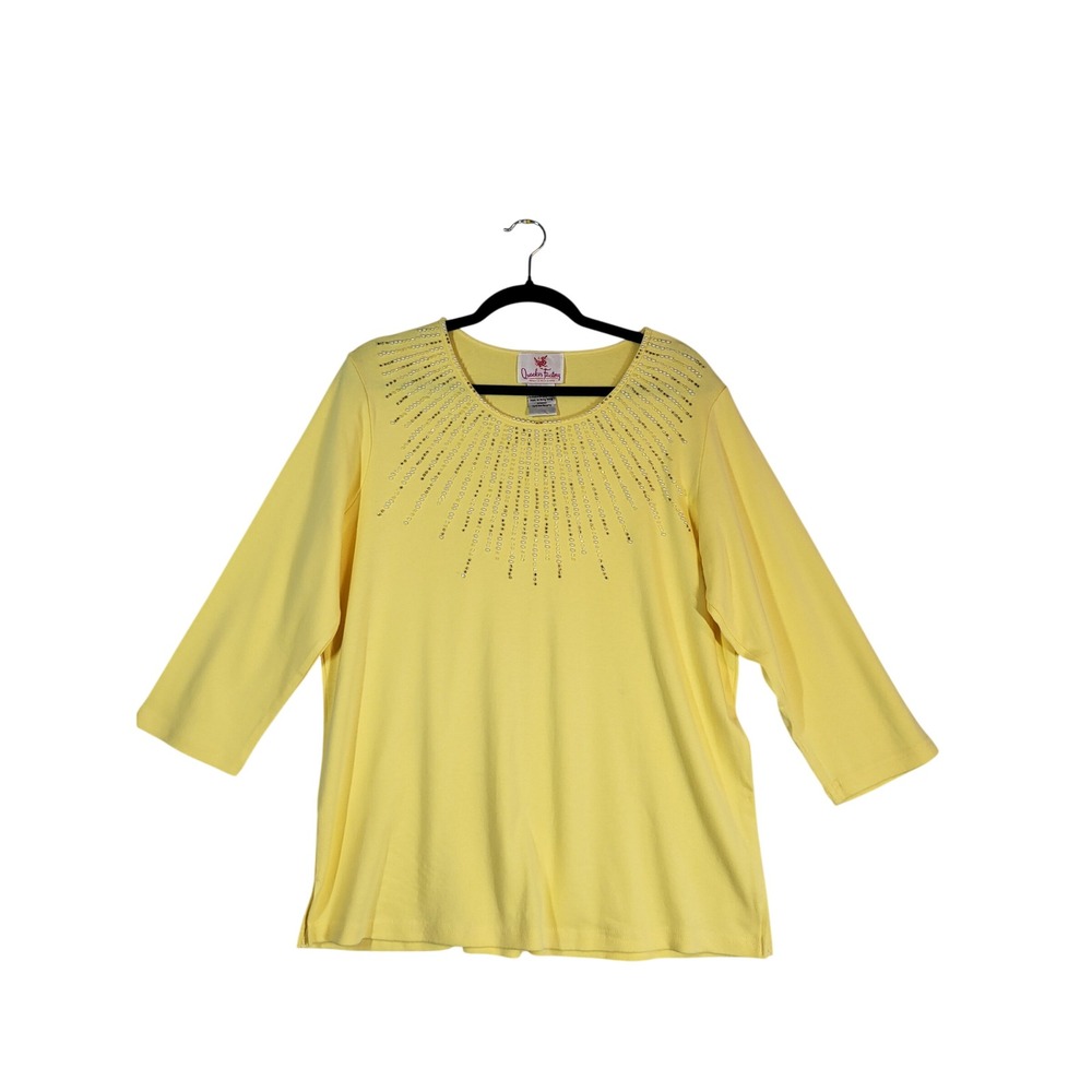 Quacker Factory Sunburst Top Large L 14/16 Yellow Beaded Pearl 3/4 Sleeve Dressy